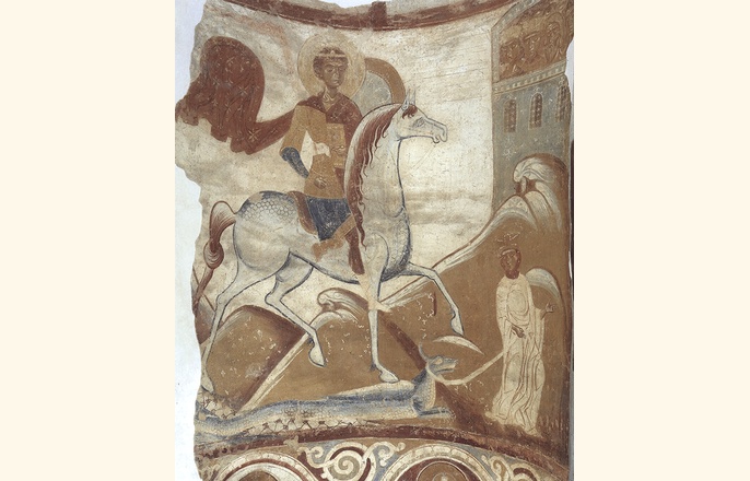 Старая Ладога. Фреска «Чудо Георгия о&nbsp;змие» в&nbsp;Георгиевским храме